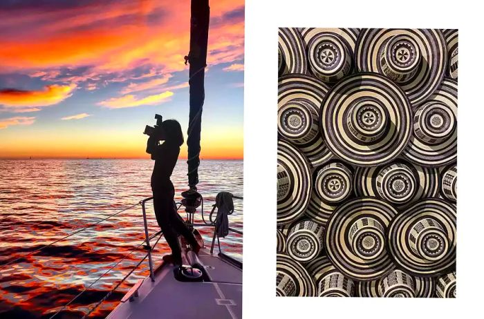 A pair of vacation photos, featuring a silhouette of a woman on a boat and black and tan hats.