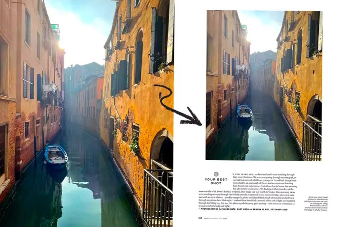 A photo of Venice alongside an image of a magazine page showcasing the photos.