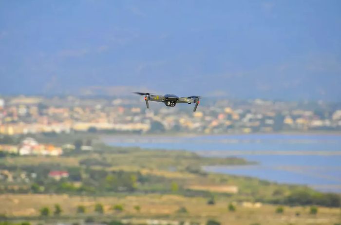 Drone Soaring in the Sky Over Cagliari, Italy