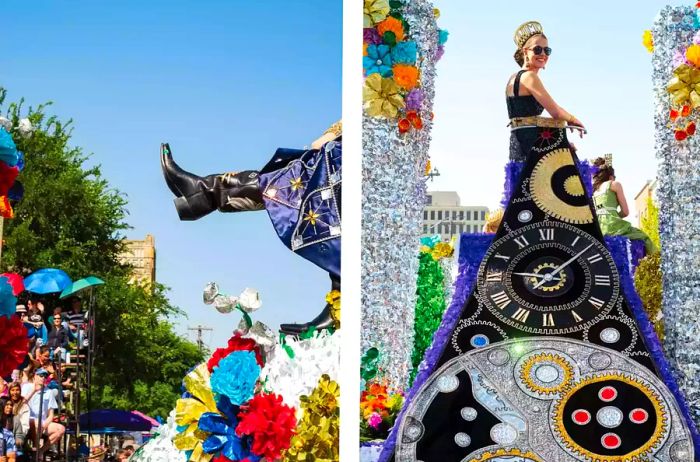 A duchess from the court proudly displays her shoes to the audience while riding on her float during the parade.