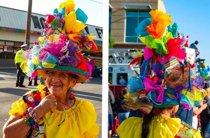 A woman sports a beautifully elaborate fiesta hat for the parade.