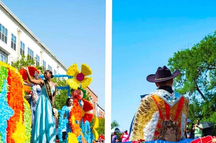 Two images depict the Fiesta royalty as they ride on their parade floats.