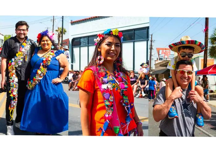 Three images capture the joyous attendees of the Battle of Flowers parade.