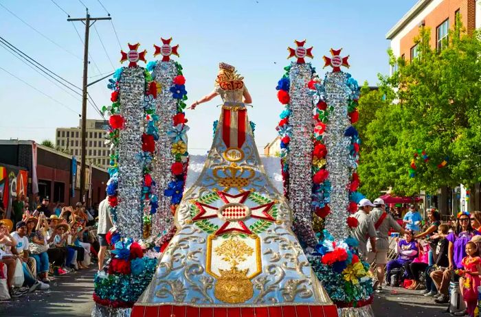 The princess float glides along the initial segment of the parade route in San Antonio, Texas.