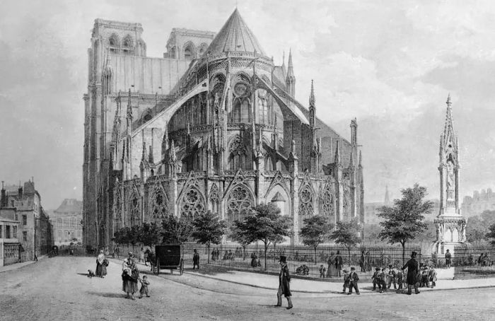 FRANCE - CIRCA 1850: Paris. Apse of Notre-Dame prior to the renovation of the spire. B.N.F., 1850.