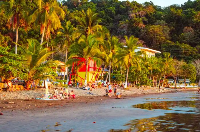 A vibrant crowd enjoying a beach sunset in Costa Rica