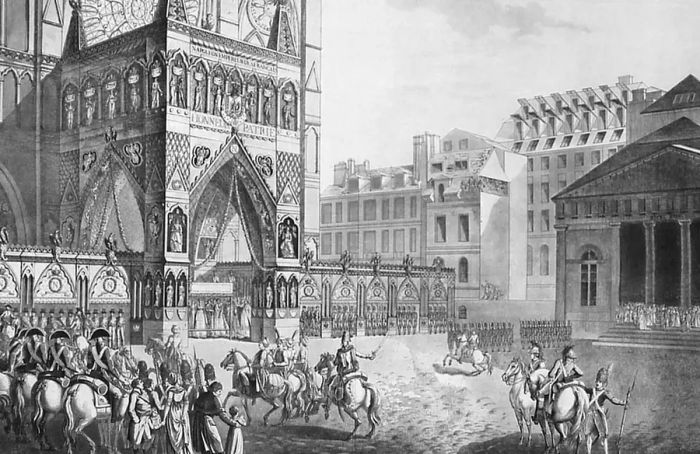 The Coronation of Napoleon I on December 2, 1804. The Emperor and Empress Josephine arriving at Notre Dame, Paris. Engraving.