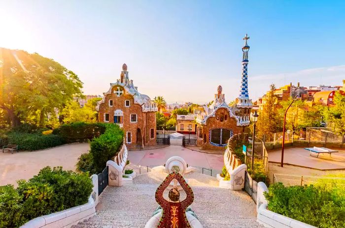 A picturesque view of Barcelona's cityscape on a sunny morning from Park Guell, Spain