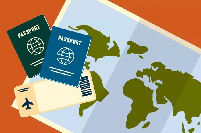 An illustration featuring two passports of different colors alongside a world map and an airline ticket.