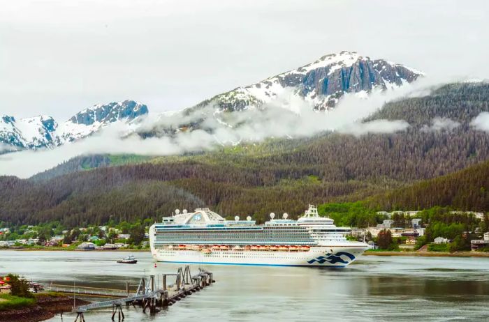 A majestic princess cruise ship against the backdrop of Alaska's mountains