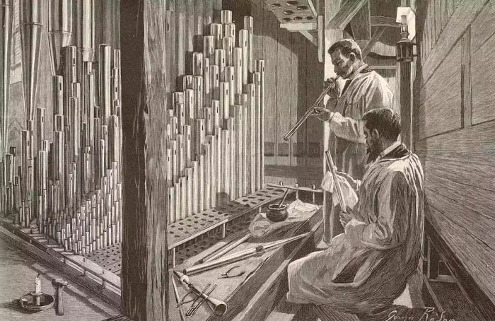 An illustration from L'Illustration, No 2672, dated May 12, 1894, depicting the cleaning of the Notre-Dame organ pipes in Paris, France.