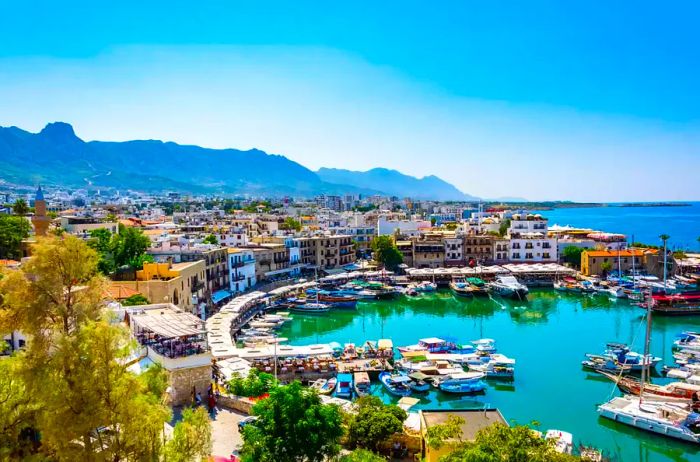 A picturesque view of Kyrenia/Girne port on a sunny summer day in Cyprus.