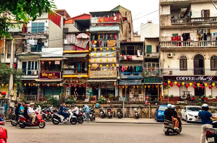 Scooters navigating the streets of Hanoi, Vietnam