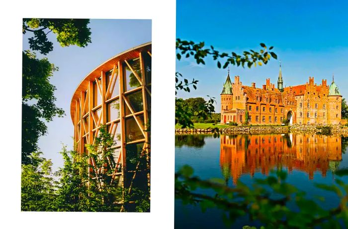 Two images from Denmark: one of the H.C. Andersen Museum's exterior and another of a castle