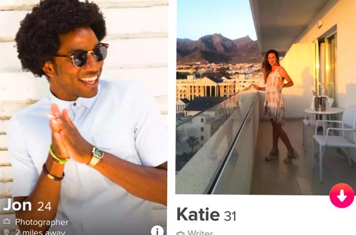 Screenshots of two Tinder profiles from the app