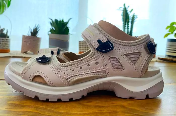 A side view of the ECCO Yucatan Sport Sandal displayed on a wooden table