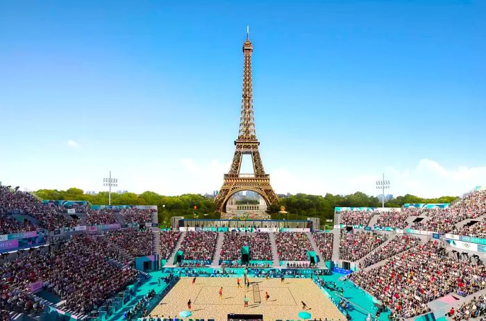 An illustration of the Beach Volleyball competition taking place under the Eiffel Tower during the 2024 Paris Olympics