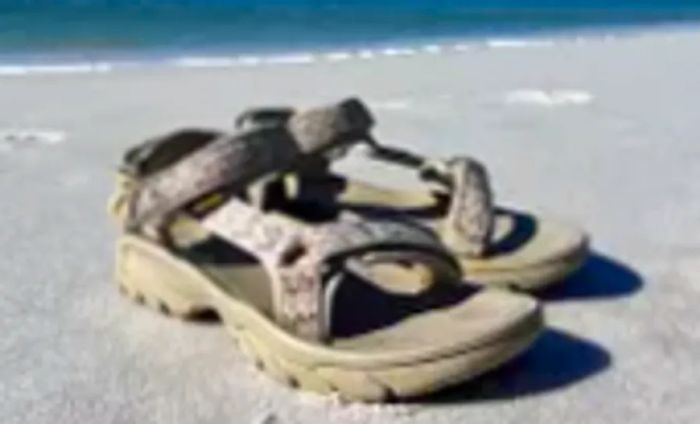 A pair of Teva Terra Fi 5 Universal Sandals rests on the sand with the ocean in the background