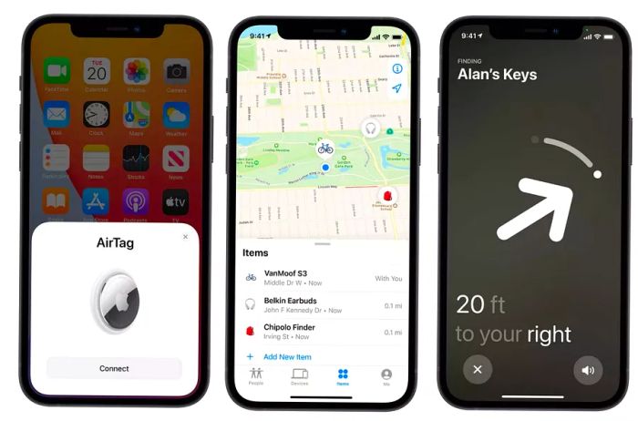 Three Apple iPhone screens demonstrating how AirTags function within the Find My app