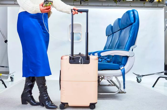 Individual with their phone connected to the July Carry On beside airplane seats