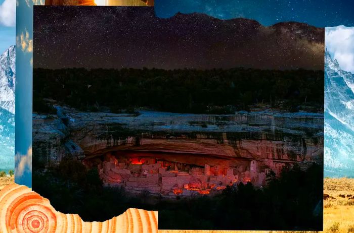 The Mesa Verde Cliff Dwellings illuminated by lantern light, with the Milky Way twinkling above.