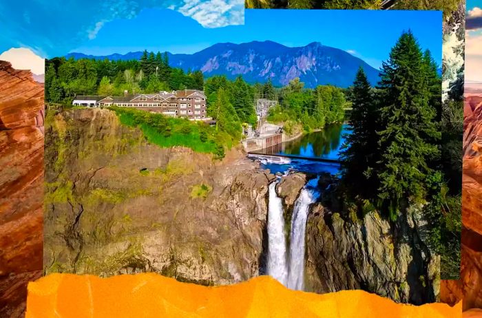 A view of Salish Lodge and Spa in Washington, perched on a cliff beside a waterfall, with mountains in the background.