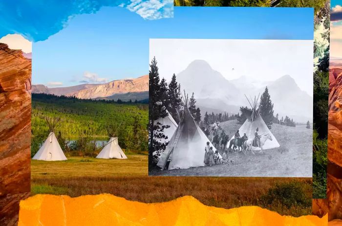 A vibrant image of Glacier National Park featuring Tipis in the foreground, complemented by an old photograph illustrating the traditional lifestyle of the Blackfeet tribe on this land.