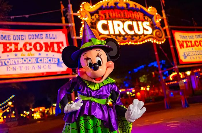 Minnie Mouse will be welcoming guests at Storybook Circus, showcasing her brand-new neon spiderweb costume.