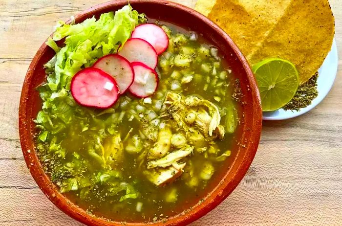 A delightful bowl of posole verde.