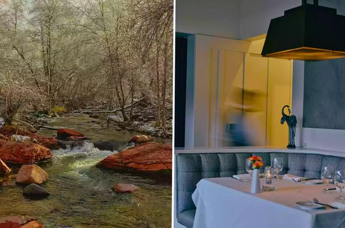 Two images from L'Auberge de Sedona, showcasing a creek flowing through the property and the interior of the Cress on Oak Creek restaurant.