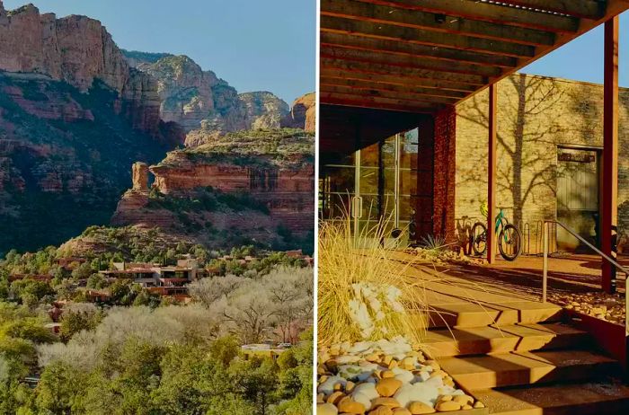 Two images from Enchantment Resort in Sedona, depicting an overview of the resort nestled in the national forest and the exterior of the resort's outdoor center.