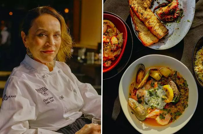 Two images from Mariposa restaurant, featuring a portrait of Chef Owner Lisa Dahl and a selection of seafood dishes.