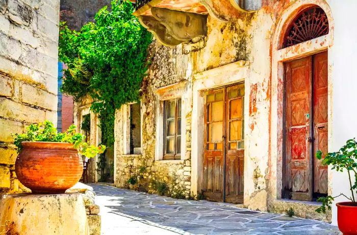 Charming narrow streets of traditional Greek villages, Naxos island, Chalki.