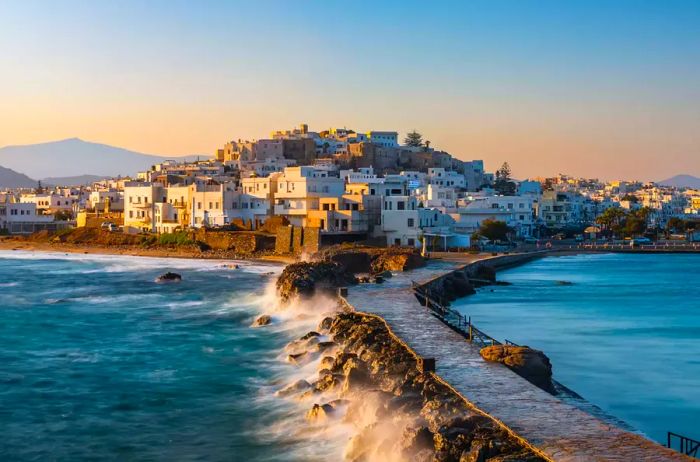 Panoramic view of Chora town at sunset. Naxos, Cyclades, Greece