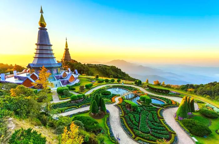 Two pagodas at sunset on Inthanon Mountain, Chiang Mai, Thailand.