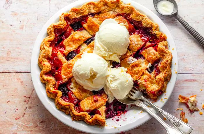 Blackberry pie served in a dish with a slice missing, topped with scoops of ice cream.