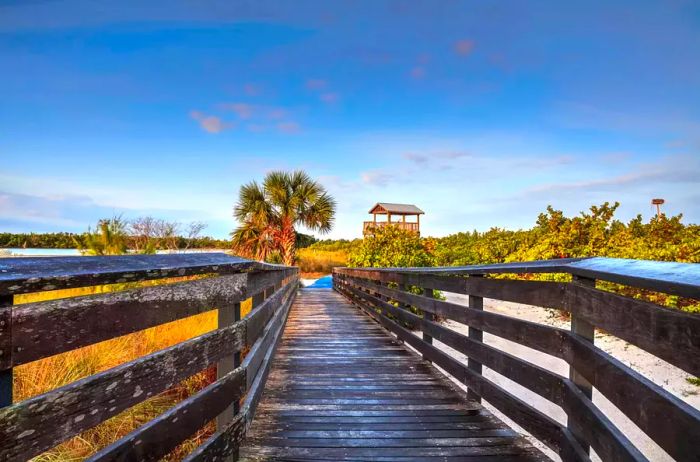 A bird observation tower stands at the end of a boardwalk, offering stunning sunrise views over Tigertail Beach, Marco Island, Florida.