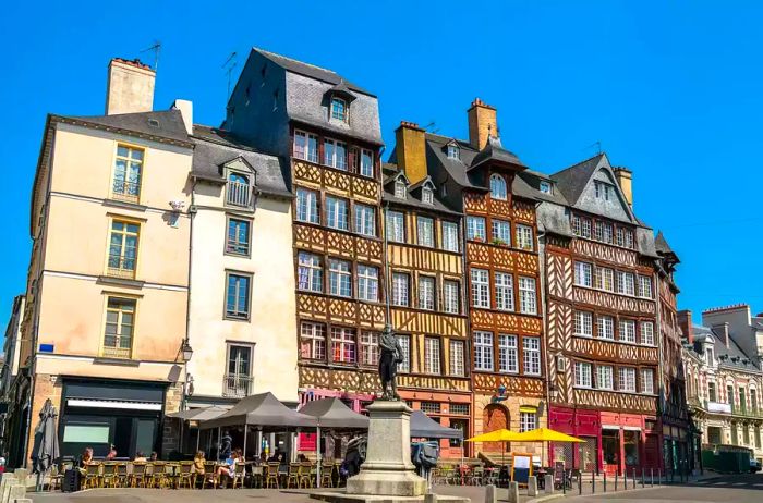 Charming half-timbered homes in the historic district of Rennes, France.