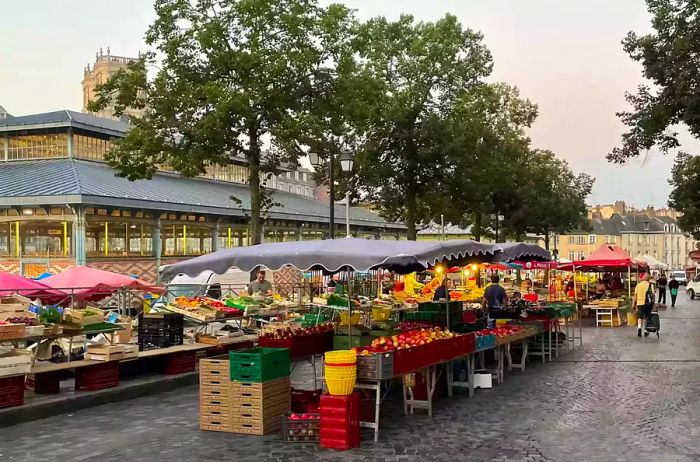 The weekly outdoor market, Marché des Lices, located in Rennes, France.