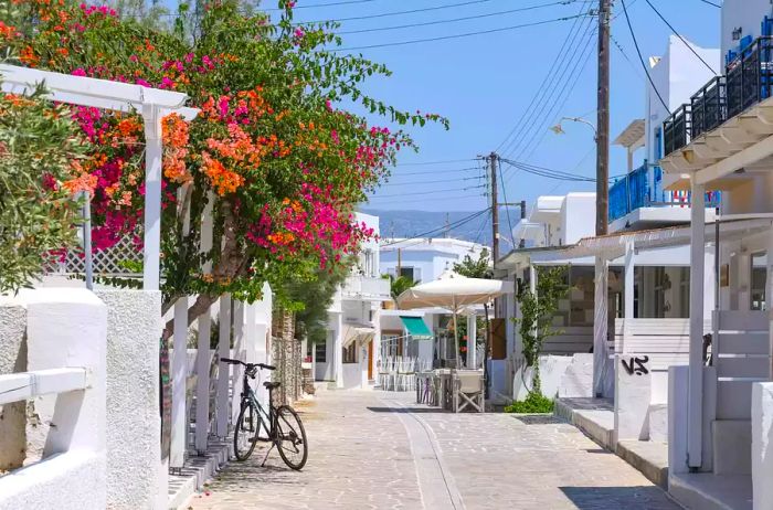 Wander through the charming narrow alleys surrounding the old Venetian Castle, with traditional whitewashed homes adorned with trees and flowers in the picturesque town of Antiparos, located on Antiparos Island in the Cyclades, Aegean Sea, Greece.