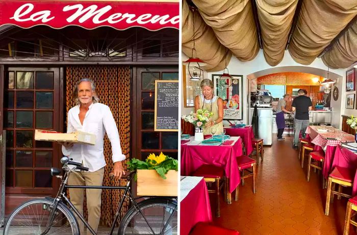 Two images: one depicting a man with a bicycle and the other showing an interior of a restaurant.