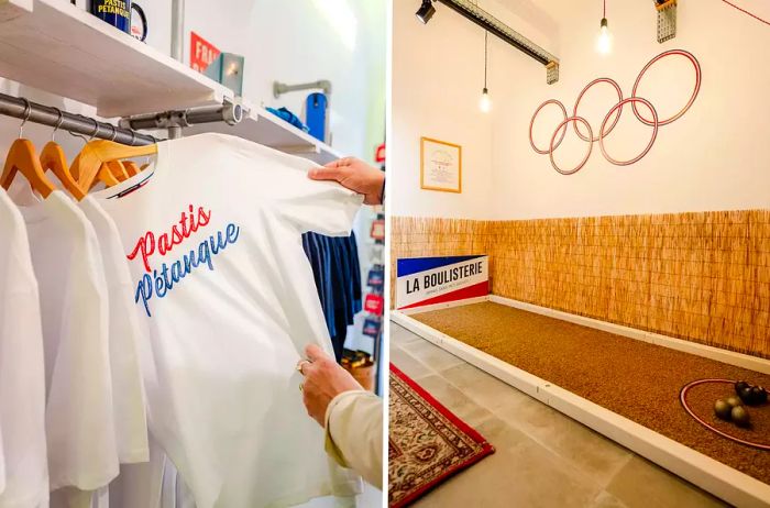 Two images: one featuring a t-shirt and the other showcasing a pétanque court within a shop.