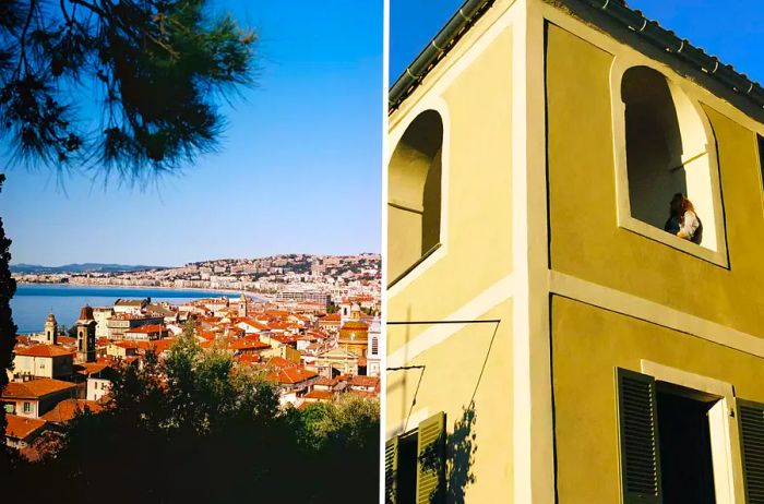 Two images: one displaying a stunning view of Nice and the other showcasing a hotel’s exterior.