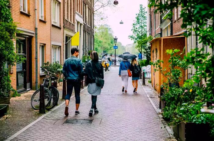 Residents of Amsterdam strolling along a street