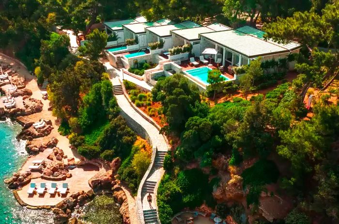 Aerial view of the beach from the bungalows at the Four Seasons Astir Palace Hotel Athens