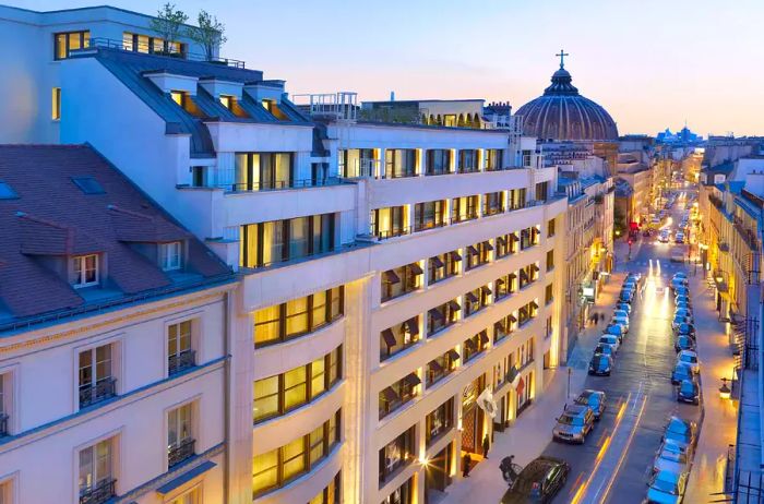 A dusk view of the Mandarin Oriental, Paris from the outside