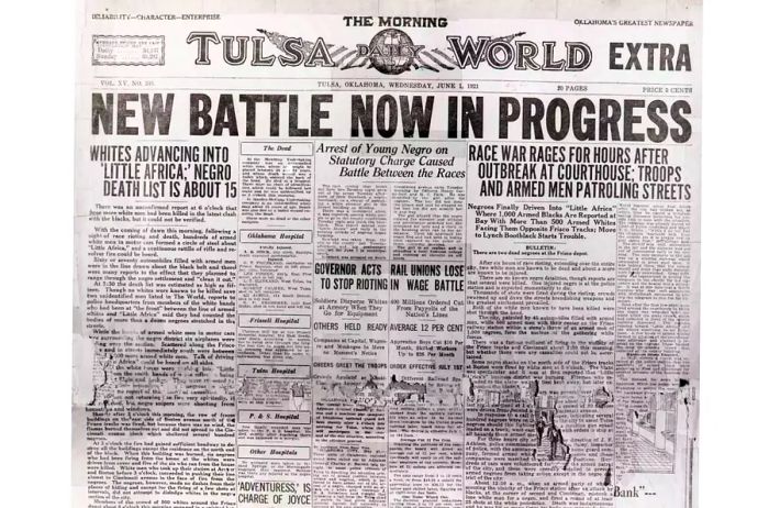 Front page of a 1921 newspaper from Tulsa, Oklahoma, featuring headlines about the Tulsa massacre.