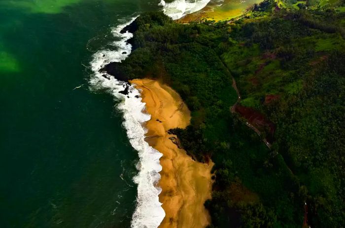 An aerial view of Ke'e Beach and Haena State Park, Kauai, Hawaii