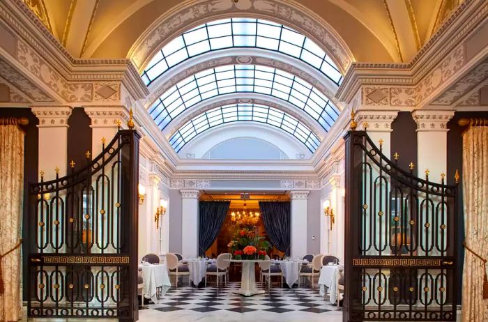 Skylight illuminating the dining area at The Jefferson hotel in DC