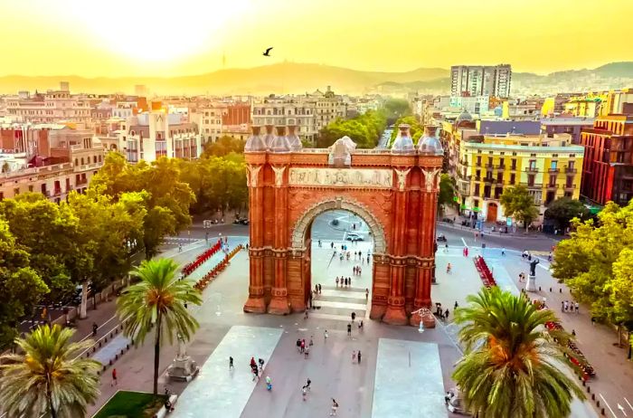 Aerial view of the Arc de Triomf in Barcelona, Spain